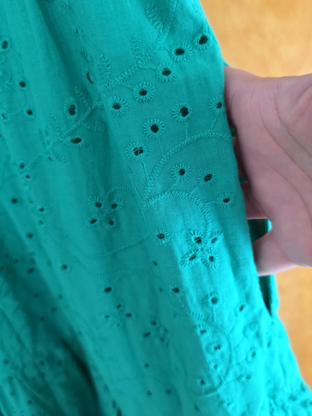 Maggie London Green Eyelet Ruffle Sleeve V-Neck Dress.